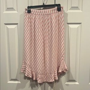 LOFT Pink Striped Midi Skirt with Ruffle Hem